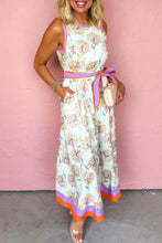 Load image into Gallery viewer, White Floral Print Color Block Trim Belted Sleeveless Maxi Dress
