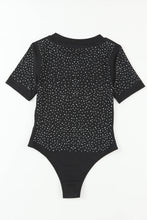 Load image into Gallery viewer, Black Rhinestone Allover Round Neck Short Sleeve Bodysuit
