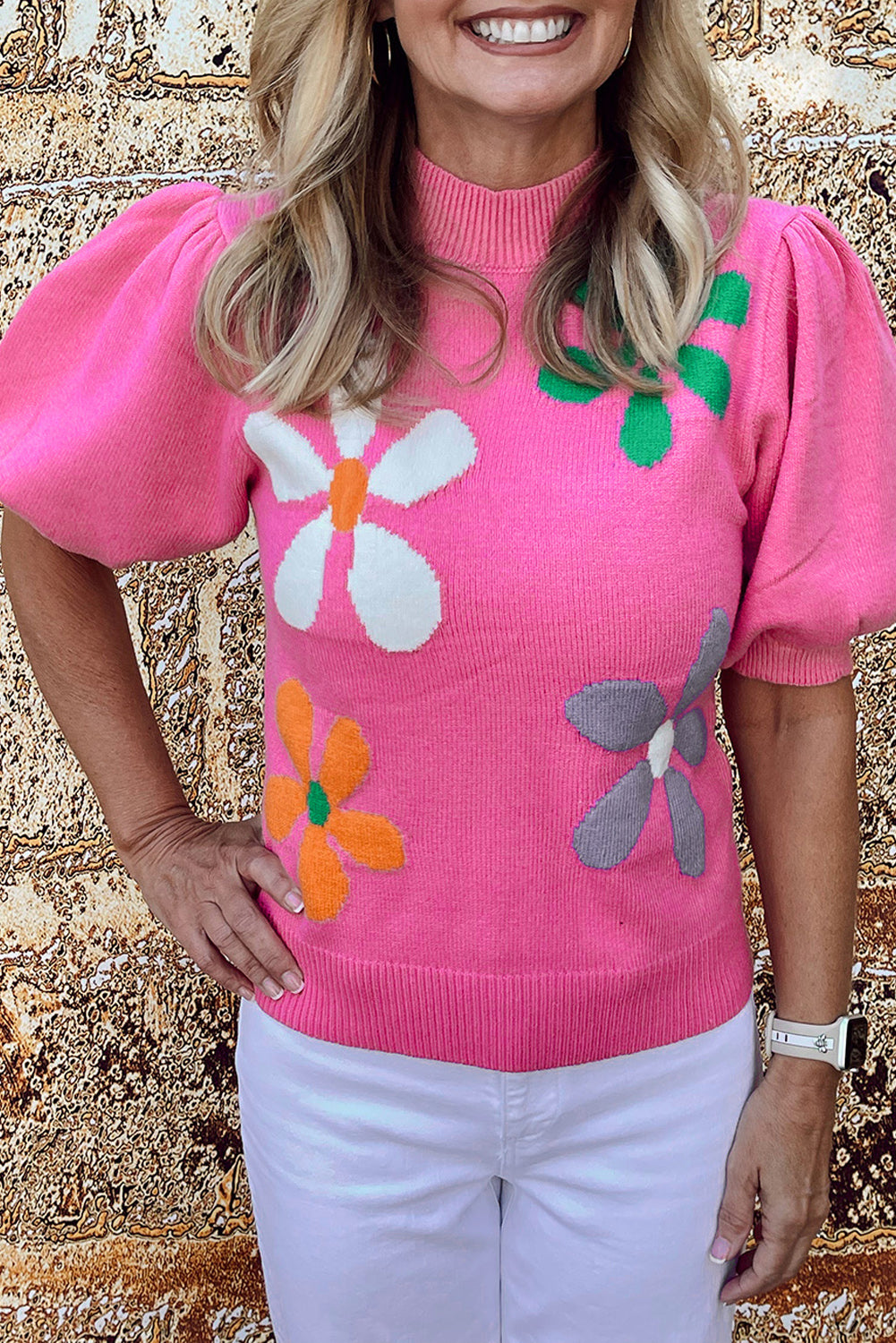 Bright Pink Floral Bubble Short Sleeve Floral Sweater