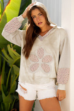 Load image into Gallery viewer, Beige Floral Patched Waffle Textured Colorblock V Neck Casual Hooded Top
