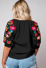 Load image into Gallery viewer, Black Floral Embroidered Ricrac Puff Sleeve Textured Blouse
