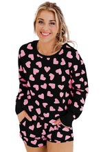 Cargar imagen en el visor de la galería, Black Valentine&#39;s Heart Shape Print Long Sleeve Top Shorts Lounge Set
