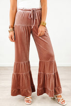 Cargar imagen en el visor de la galería, Straw Yellow Mineral Wash Lace-up High Waist Tiered Bell Bottom Pants
