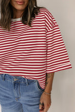Cargar imagen en el visor de la galería, Red Stripe Bowknot Cutout Back Drop Shoulder Wide Bracelet Sleeve Loose Tee
