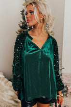 Load image into Gallery viewer, Evergreen Sequin Patchwork Sleeve Button Up Velvet Top
