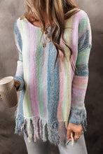 Cargar imagen en el visor de la galería, Purple Color Block Fringed Drop Shoulder Tunic Sweater
