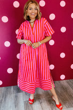 Cargar imagen en el visor de la galería, Red Stripe V Neck Cuffed Sleeve Relaxed Split Midi Dress
