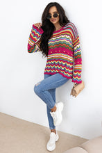 Cargar imagen en el visor de la galería, Rose Red Colorblock Striped Hollowed Knit Loose Sleeve Sweater
