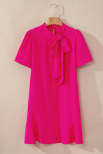 Load image into Gallery viewer, Bright Pink Solid Color Ribbon Tie Neck Ruffled Mini Dress
