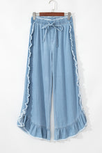 Load image into Gallery viewer, Myosotis Light Wash Raw Hem Ruffled Wide Leg Jeans
