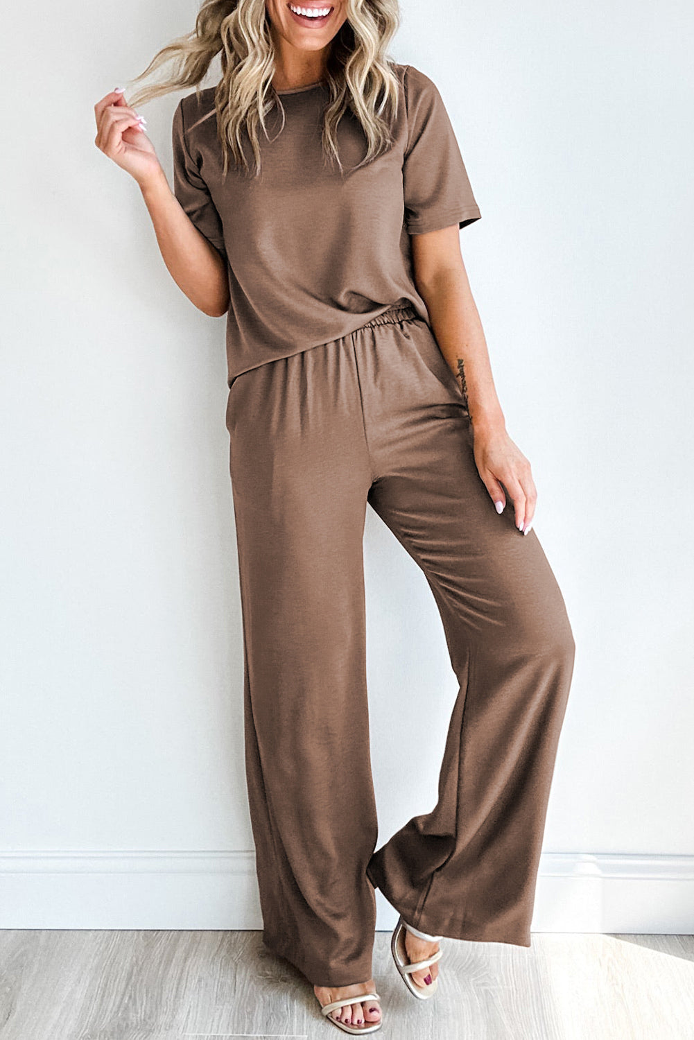 Nude 2 Piece Wide Leg Pants Set