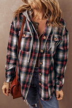 Cargar imagen en el visor de la galería, Red Plaid Print Chest Pocket Buttoned Hooded Shacket
