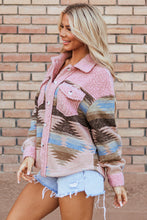 Load image into Gallery viewer, Pink Western Aztec Print Sherpa Splicing Buttoned Flap Pocket Coat
