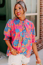 Load image into Gallery viewer, Rose Frilly Mock Neck Short Puff Sleeve Floral Blouse
