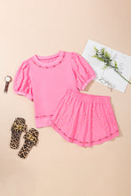 Load image into Gallery viewer, Pink Contrast Bow Trim Pearl Puff Sleeve Blouse and Skort 2pcs Set
