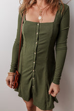 Cargar imagen en el visor de la galería, Guacamole Green Rib Knit Square Neck Buttoned Long Sleeve Mini Dress
