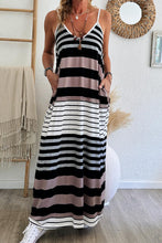 Cargar imagen en el visor de la galería, Multicolour Mixed Stripes Spaghetti Straps V Neck Maxi Dress
