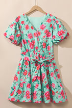 Load image into Gallery viewer, Green Floral Bubble Sleeve Surplice Ruffled Plus Size Dress
