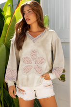 Load image into Gallery viewer, Beige Floral Patched Waffle Textured Colorblock V Neck Casual Hooded Top
