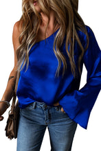 Load image into Gallery viewer, Dark Blue Asymmetric One Shoulder Bell Sleeve Satin Blouse
