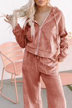 Load image into Gallery viewer, Peach Blossom Velvet Zip-up Hoodie and Wide Leg Pants Set
