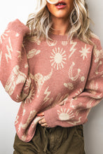 Cargar imagen en el visor de la galería, Peach Blossom Western Print Drop Shoulder Round Neck Long Sleeve Sweater
