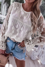 Cargar imagen en el visor de la galería, Beige Embroidered Mesh Flounce Sleeve Blouse
