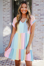 Load image into Gallery viewer, Multicolor Striped Color Block Tiered Baby Doll Mini Dress
