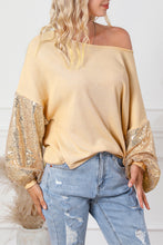 Cargar imagen en el visor de la galería, Apricot Sequin Patchwork Sleeve Open Back Waffle Knit Top
