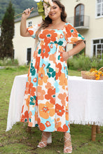 Cargar imagen en el visor de la galería, Orange Plus Size Flower Print Shirred Square Neck Maxi Dress
