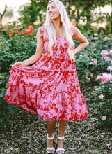 Load image into Gallery viewer, Pink Tie Shoulder Straps Tiered Floral Dress
