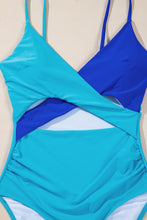 Load image into Gallery viewer, Light Blue Crossover Colorblock Cutout One Piece Swimsuit
