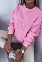 Cargar imagen en el visor de la galería, Baby Pink Pearl Detail Ribbed Crew Neck Sweatshirt
