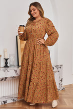 Load image into Gallery viewer, Brown Plus Size Floral Split V Neck Ruffled Sleeve Tiered Maxi Dress
