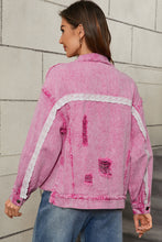 Load image into Gallery viewer, Pink Lace Patchwork Distressed Buttoned Denim Jacket
