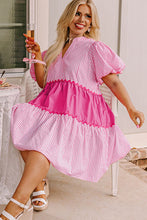 Load image into Gallery viewer, Pink Ricrac Block Accent Puff Short Sleeve Flowy Plus Dress
