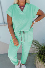 Cargar imagen en el visor de la galería, Mint Green Solid V-Neck Tee and Drawstring Plus Size Pants Set
