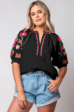 Load image into Gallery viewer, Black Floral Embroidered Ricrac Puff Sleeve Textured Blouse
