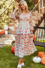 Load image into Gallery viewer, Khaki Floral Print Ruffled Tiered Long Sleeve V Neck Midi Dress
