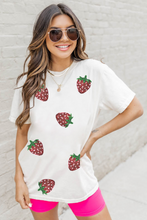 Load image into Gallery viewer, White Sequin Strawberry Patched Crew Neck T Shirt
