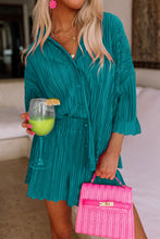 Load image into Gallery viewer, Turquoise 3/4 Sleeves Pleated Shirt and High Waist Shorts Lounge Set
