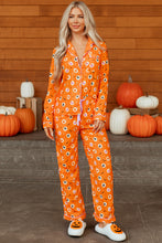 Load image into Gallery viewer, Orange Halloween Print Lapel Shirt Long 2pcs Pajama Set
