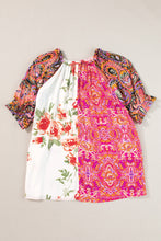 Cargar imagen en el visor de la galería, Multicolour Boho Floral Patchwork Buttoned Short Sleeve Blouse
