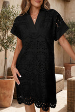 Load image into Gallery viewer, Rose Red Solid Color Eyelet Embroidered T Shirt Mini Dress
