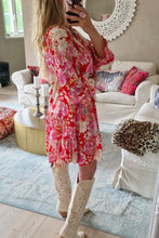 Load image into Gallery viewer, Red Floral Print High Waist V Neck Babydoll Mini Dress
