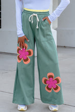 Load image into Gallery viewer, Sea Green Color Block Flower Patchwork Drawstring Contrasted Elastic Waist Wide Leg Pants
