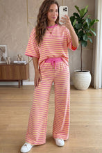 Cargar imagen en el visor de la galería, Pink Stripe Colorblock Trim Crew Neck Loose Tee Drawstring Elastic Waist 2pcs Pant Set

