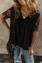 Cargar imagen en el visor de la galería, Black Eyelash Lace Sleeve V Neck Ruffle Babydoll Top
