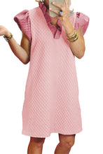 Load image into Gallery viewer, Light Pink Textured Puff Sleeve Ruffled V Neck Shift Mini Dress
