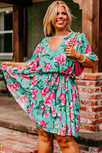 Load image into Gallery viewer, Green Floral Bubble Sleeve Surplice Ruffled Plus Size Dress
